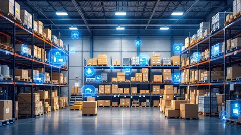 Industrial warehouse secure shelves tagged equipment digital sensors modern technology
