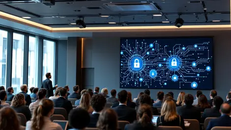 Modern conference hall diverse european professionals ai neural network cybersecurity