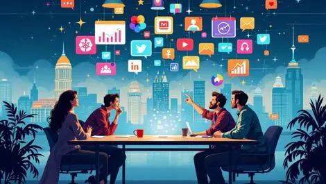 Australian marketers brainstorming digital table media icons city skyline