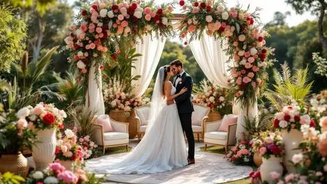 Elegant outdoor australian wedding stylish couple lavish floral decorations luxurious setup glamour opulence