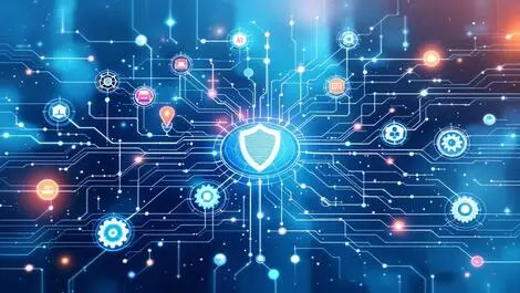 Abstract ai governance interconnected nodes shields gears scale modern cool tones