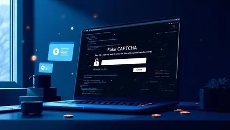 Realistic digital illustration fake captcha prompt malware cybersecurity threat