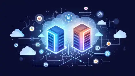 Two data servers connected by digital data streams ai analytics symbols illustration