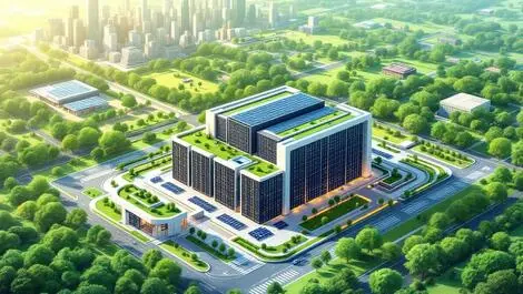 Large modern data center building green spaces solar panels city skyline ai facility