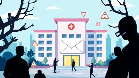 Hospital building email envelope warning symbols shadowy figures phishing healthcare