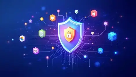 Digital security shield protecting interconnected app icons data streams
