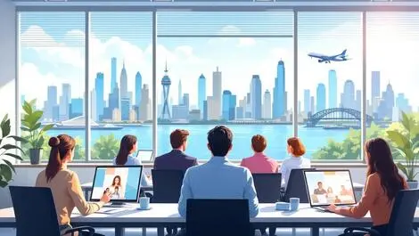 Australian business team remote video meeting sydney skyline airplane