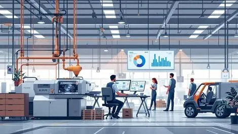 Modern european factory interior advanced machinery computer screens collaboration