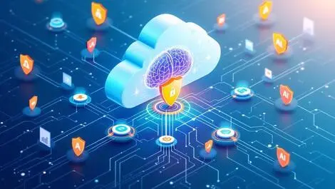Secure cloud network ai brain nodes data streams shield icons protected analytics