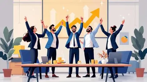 Business team celebrating office upward arrows financial growth automation