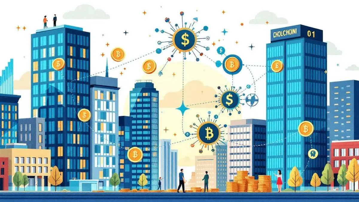 Modern city buildings with digital tokens blockchain chains transforming real estate assets