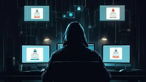 Realistic hooded figure at computer dark room ai powered phishing