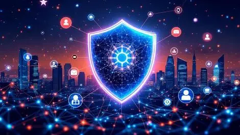 Digital shield neural network glowing lines icons jakarta cityscape indonesia