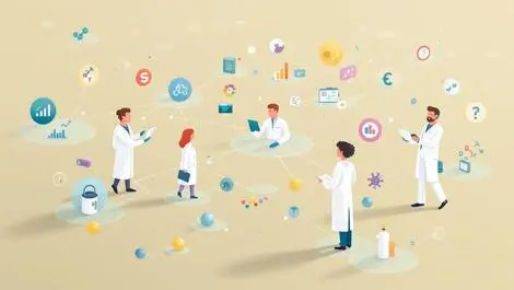 Interconnected laboratory researchers data molecules secure drug discovery collaboration