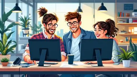 Happy young office workers collaborating modern australian office setting