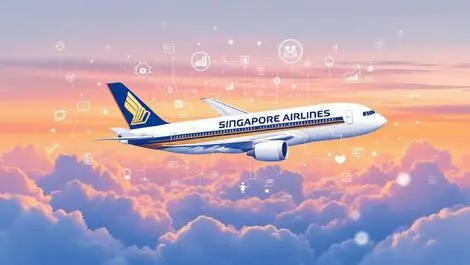 Singapore airlines airplane flying above clouds with data analytics icons