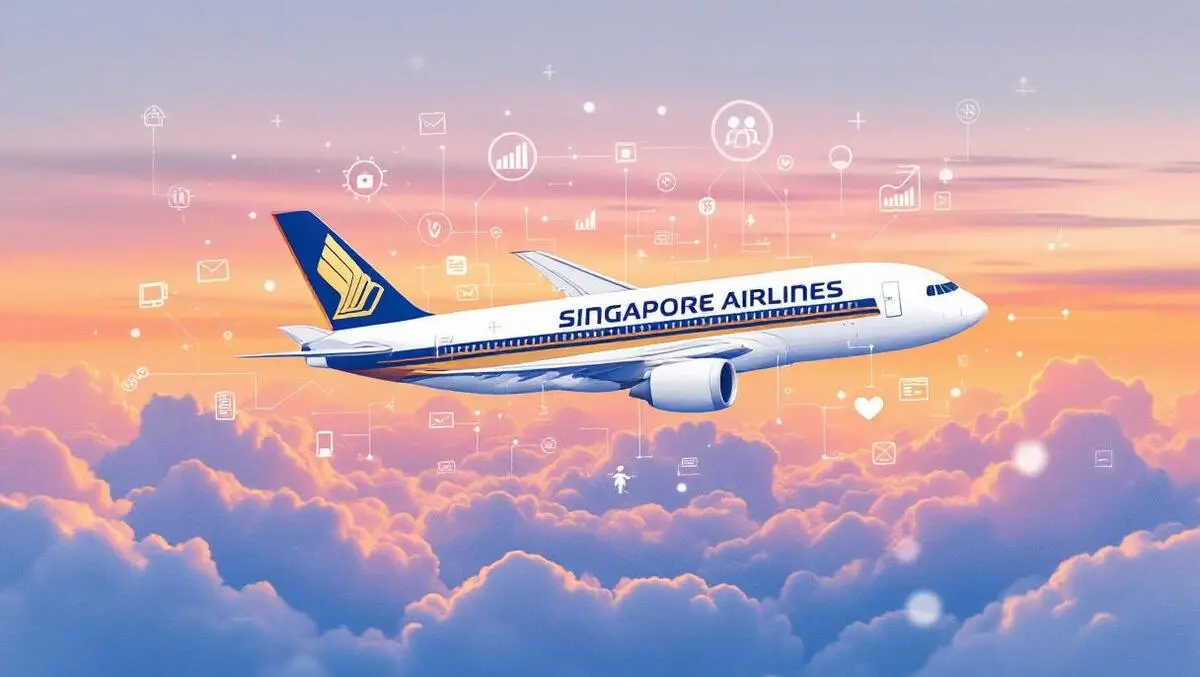 Singapore airlines airplane flying above clouds with data analytics icons