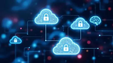 Interconnected cloud icons secure padlocks ai brain digital data flow cybersecurity