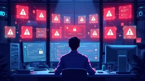Realistic server room warning monitors security threat it professional urgent cyberattack
