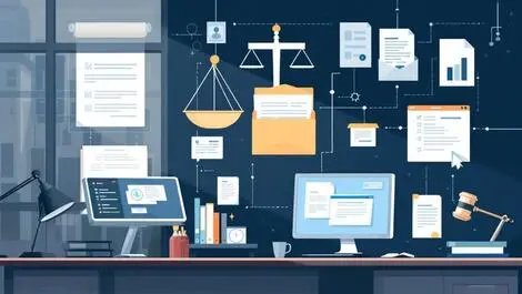 Modern law office workspace digital documents connected computer screens