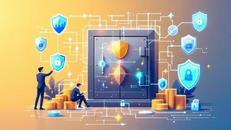 Secure financial vault with digital shields locks cybersecurity growth