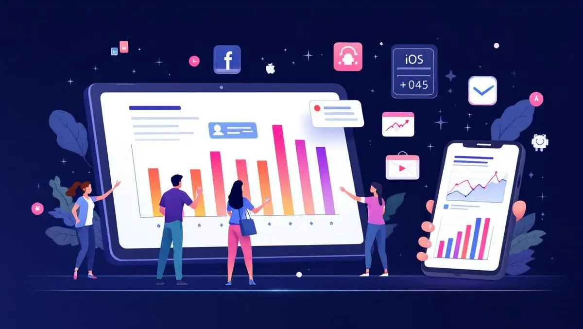 People analyzing colorful bar charts graphs on tablet smartphone with ios android icons
