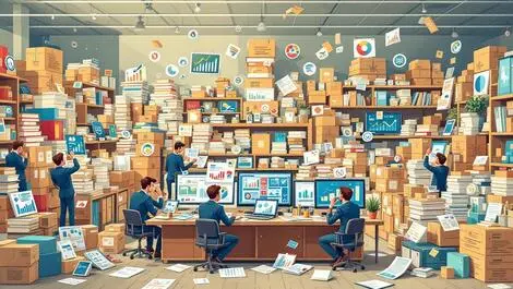 Cluttered retail store scattered data icons business people frustrated analyzing