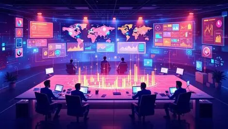 High tech security operations center analysts monitoring digital threat maps