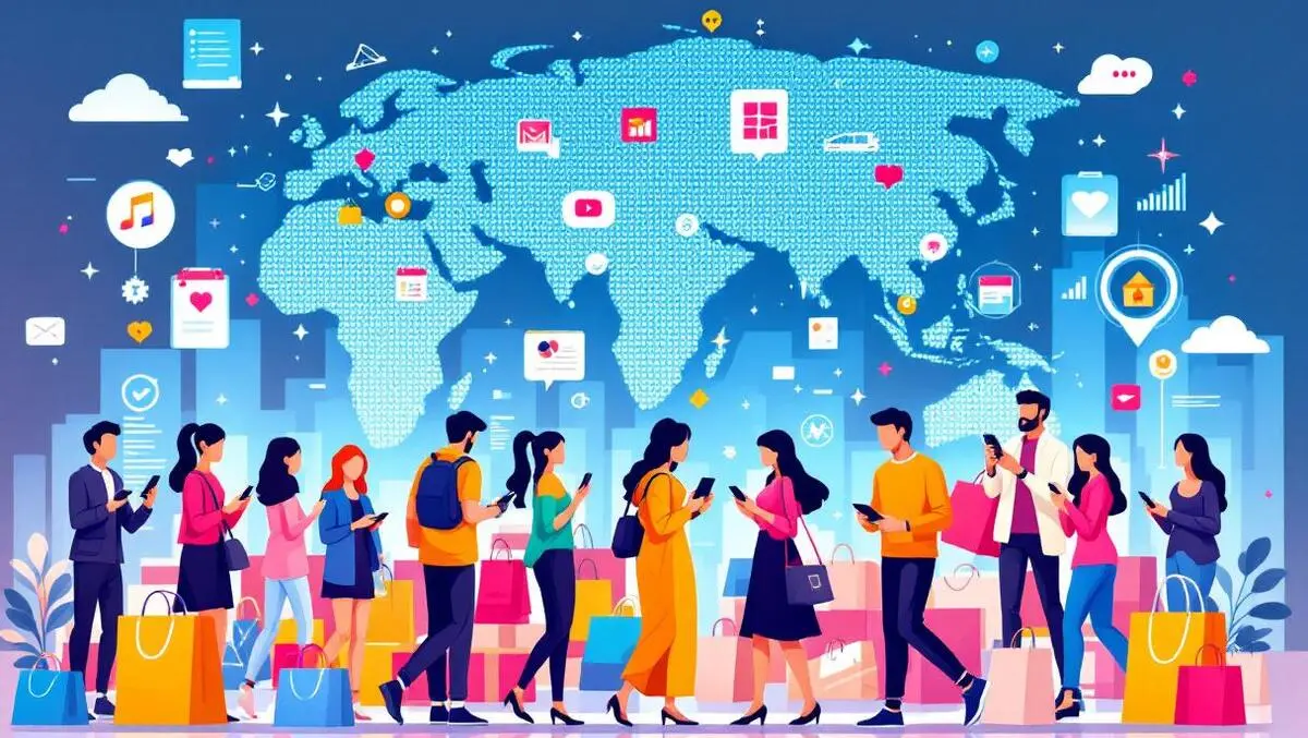 People using smartphones for shopping surrounded by bags digital icons asia pacific map