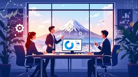 Japanese businesspeople collaborating modern office digital automation mount fuji