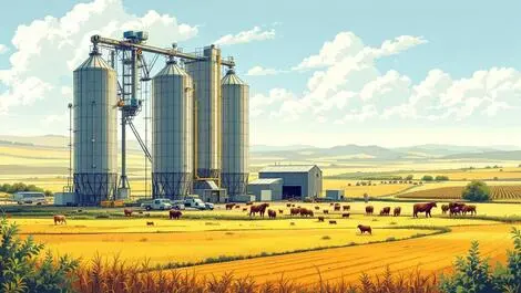 Modern grain silos automated sensors machinery livestock farmland advanced agriculture