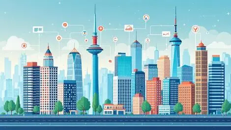 Modern cityscape digital data flows connecting real estate buildings ai tech