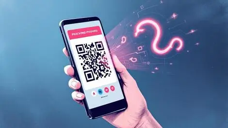Hand holding smartphone displaying suspicious qr code phishing hook