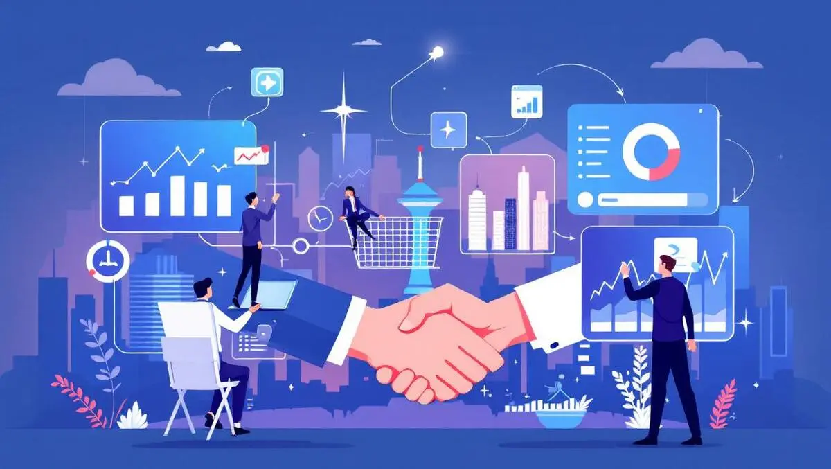 Businesspeople shaking hands ecommerce partnership digital growth asian city skyline