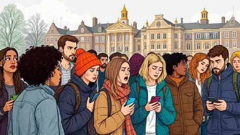 Anxious british students queue with phones frustrated long wait university