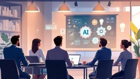 Business professionals modern classroom using digital ai automation interfaces corporate upskilling