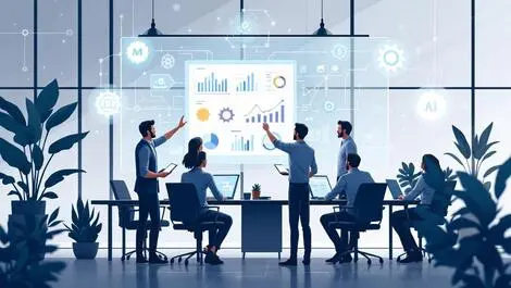 Australian office workers analyzing charts data ai icons modern office