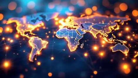 Glowing world map network connecting researchers nz to us uk au tech