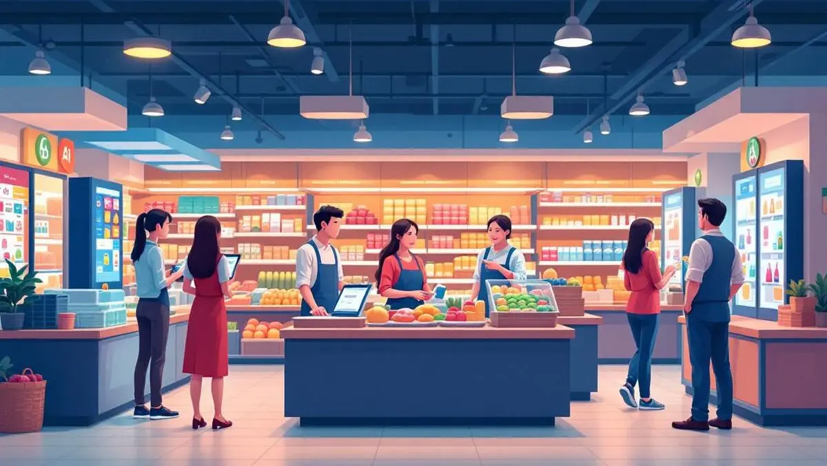 Southeast asian shoppers interacting ai kiosks modern supermarket