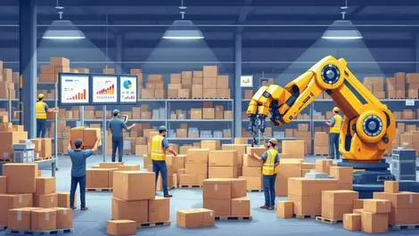 Busy warehouse workers robotic arm ai integration supply chain logistics