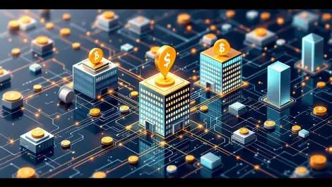 Detailed illustration interconnected digital blocks coins blockchain payments modern business buildings