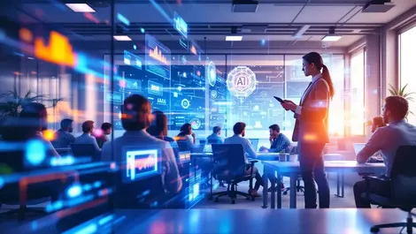 Modern uk office professionals collaborating digital screens ai process automation