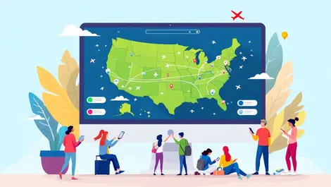 Vibrant us map travel icons airplane paths travelers planning trips