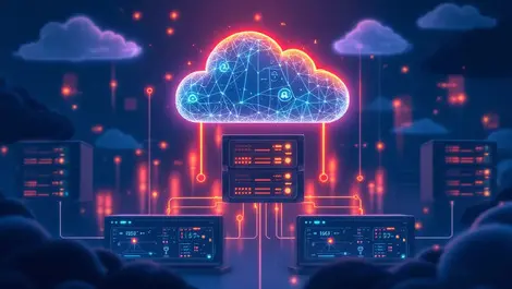 Illustration interconnected computer servers clouds digital lines automation ai business modernization