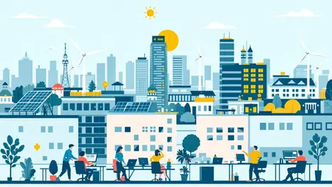 Australian city skyline solar panels wind turbines modern office sustainable tech