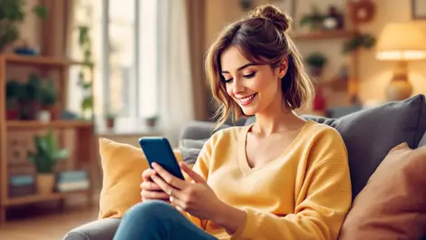 Confident caucasian woman using smartphone ai assistant modern uk ireland home