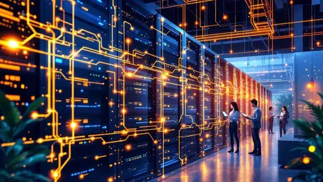 Modern data servers storage racks glowing data lines efficient data management asian business professionals office