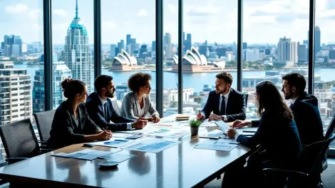 Business meeting modern australian city office investment charts sydney opera house