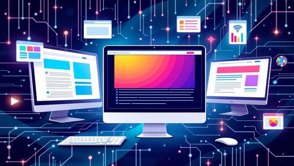 Computer screens showing websites with vibrant ads and abstract ai lines