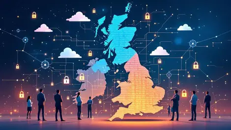 Uk map network lines data clouds padlocks business pros cybersecurity challenges